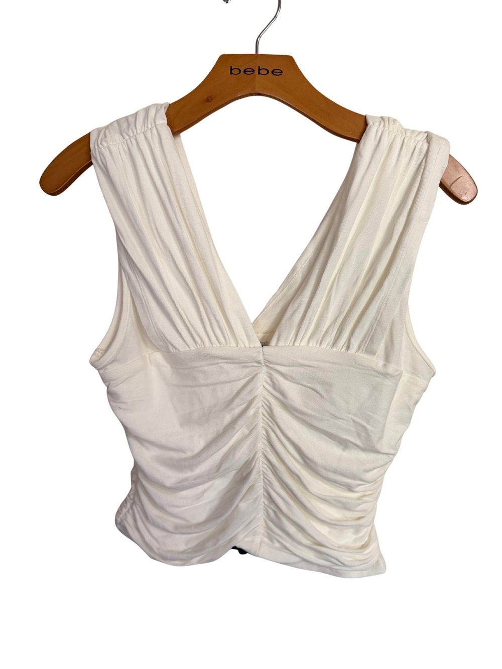 Fashion Nova Cream Ruched V‑Neck Tank Top